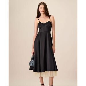 Rihoas Women’s Black Splicing Satin Slip Midi DressTulle Lining Scalloped Trim D